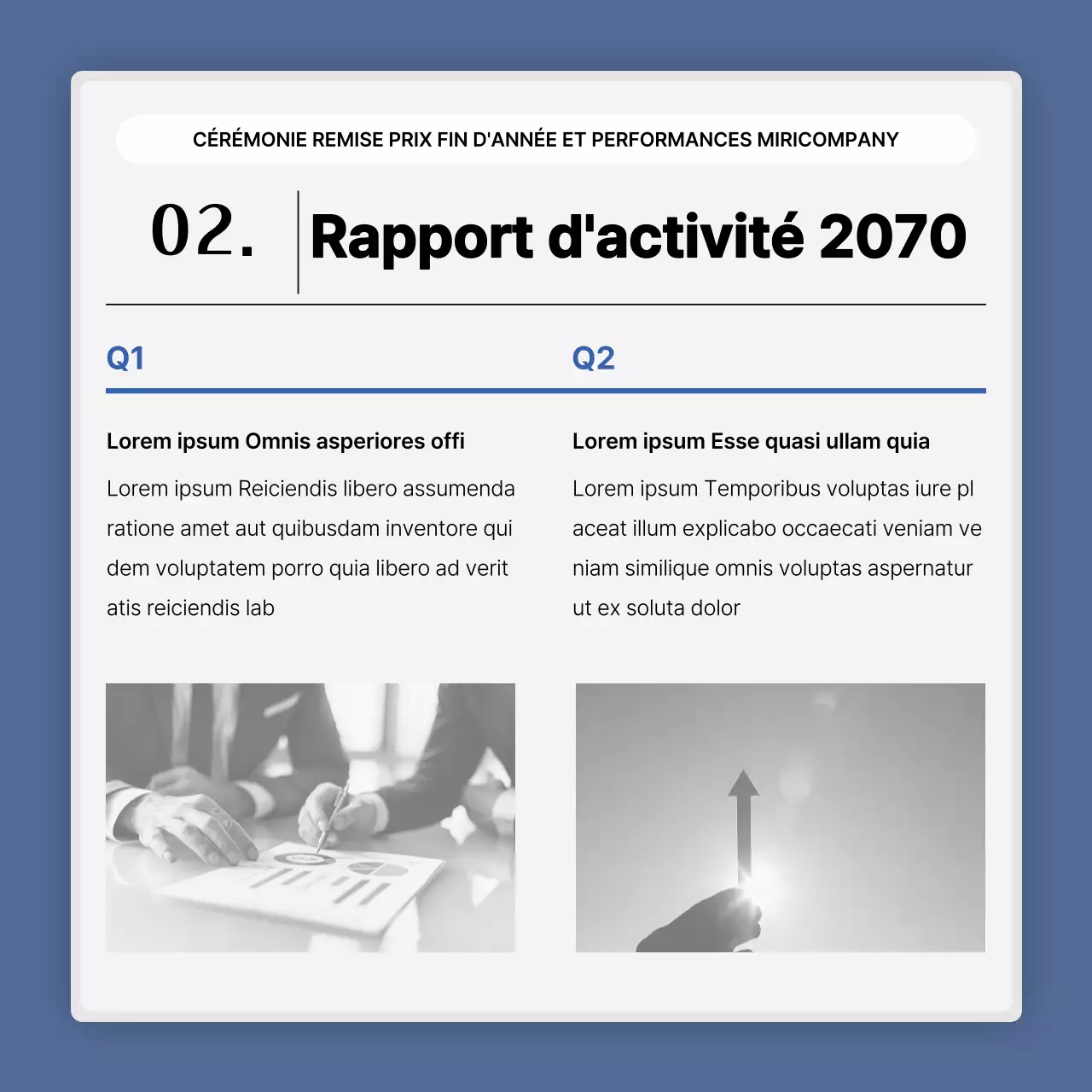 Une présentation simple des performances en bleu et blanc et un rapport sur les événements de fin d'année