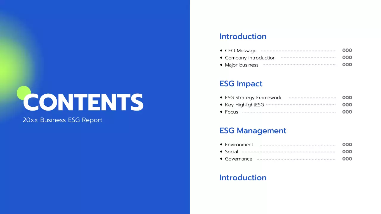 파랑과 연두의 미니멀한 기업 ESG 보고서