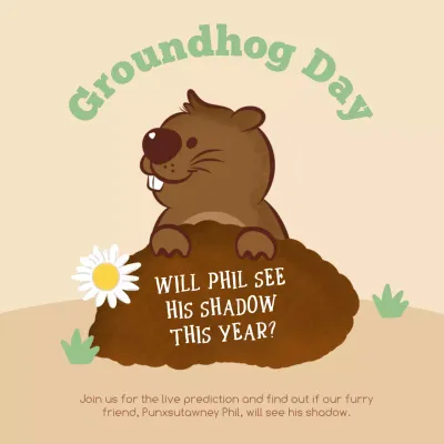 Beige Cartoon Groundhog Announcement Social Media Post