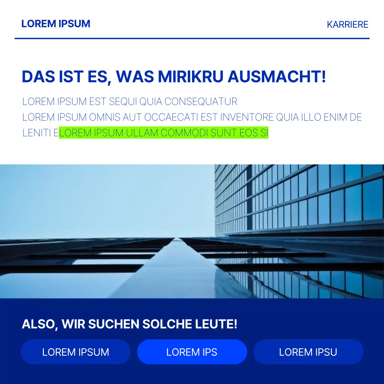 Minimalistische Stellenanzeige in Blau und Chartreuse