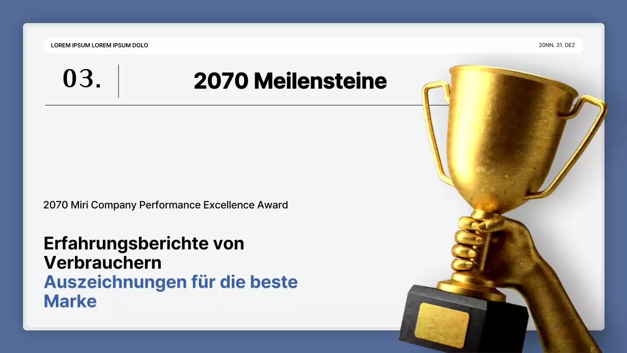 Eine einfache blau-weiße Leistungspräsentation und ein Veranstaltungsbericht zum Jahresende