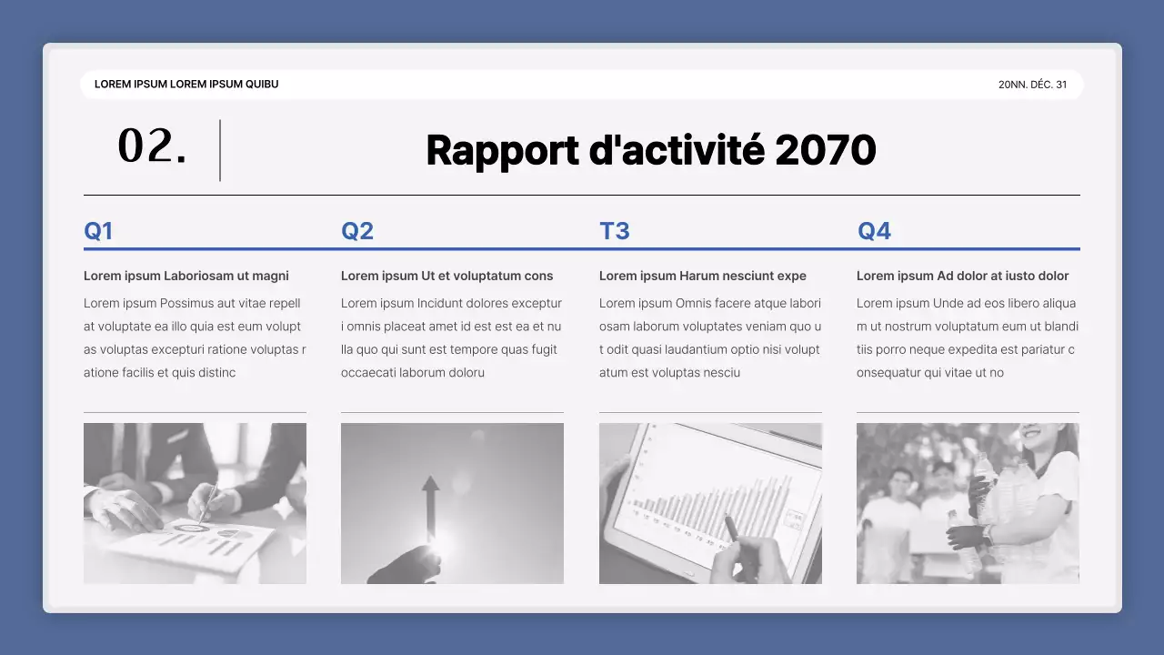 Une simple présentation de performance en bleu et blanc et un rapport sur l'événement de fin d'année