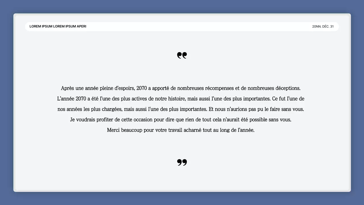 Une simple présentation de performance en bleu et blanc et un rapport sur l'événement de fin d'année