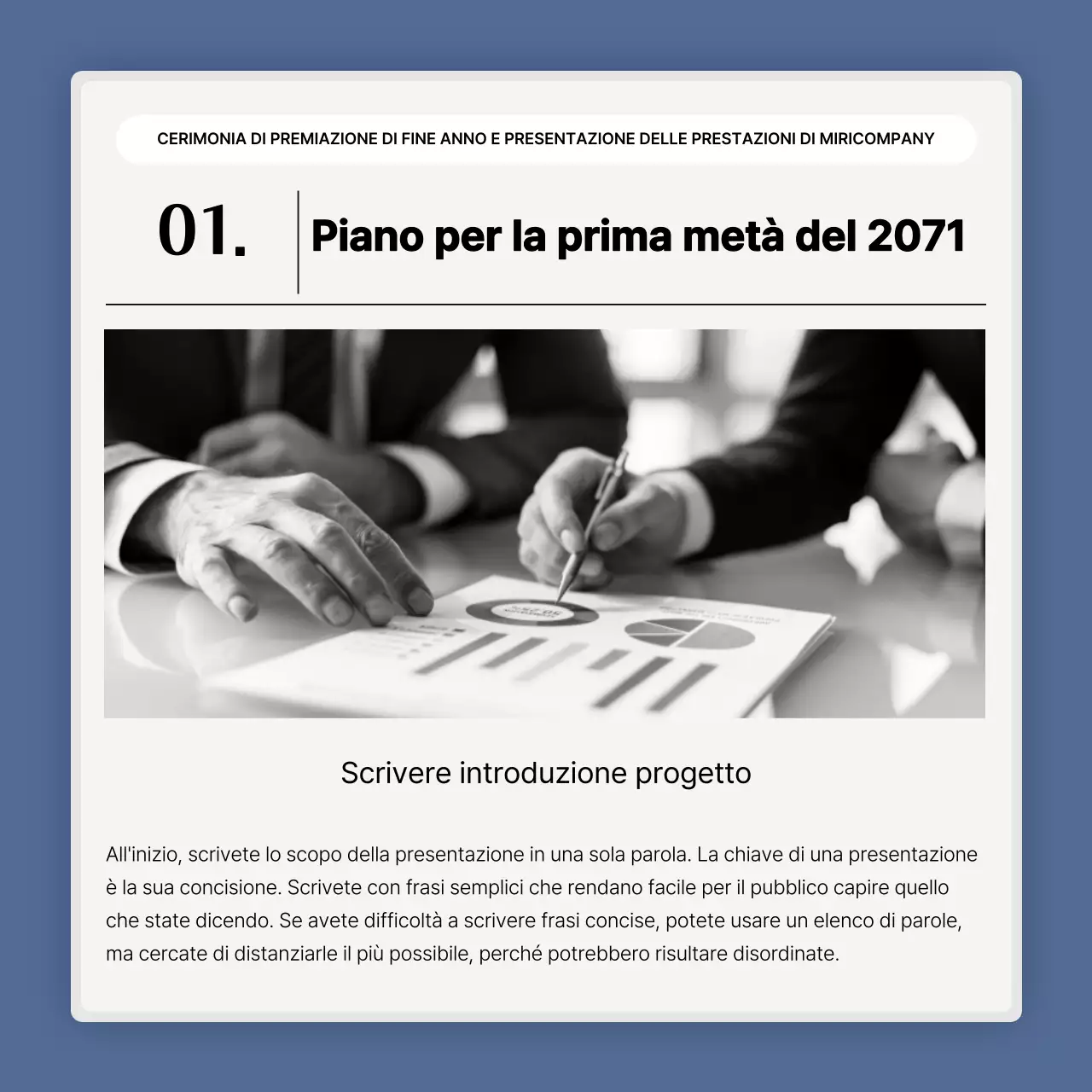 Una semplice presentazione delle prestazioni in bianco e blu e una relazione sull'evento di fine anno