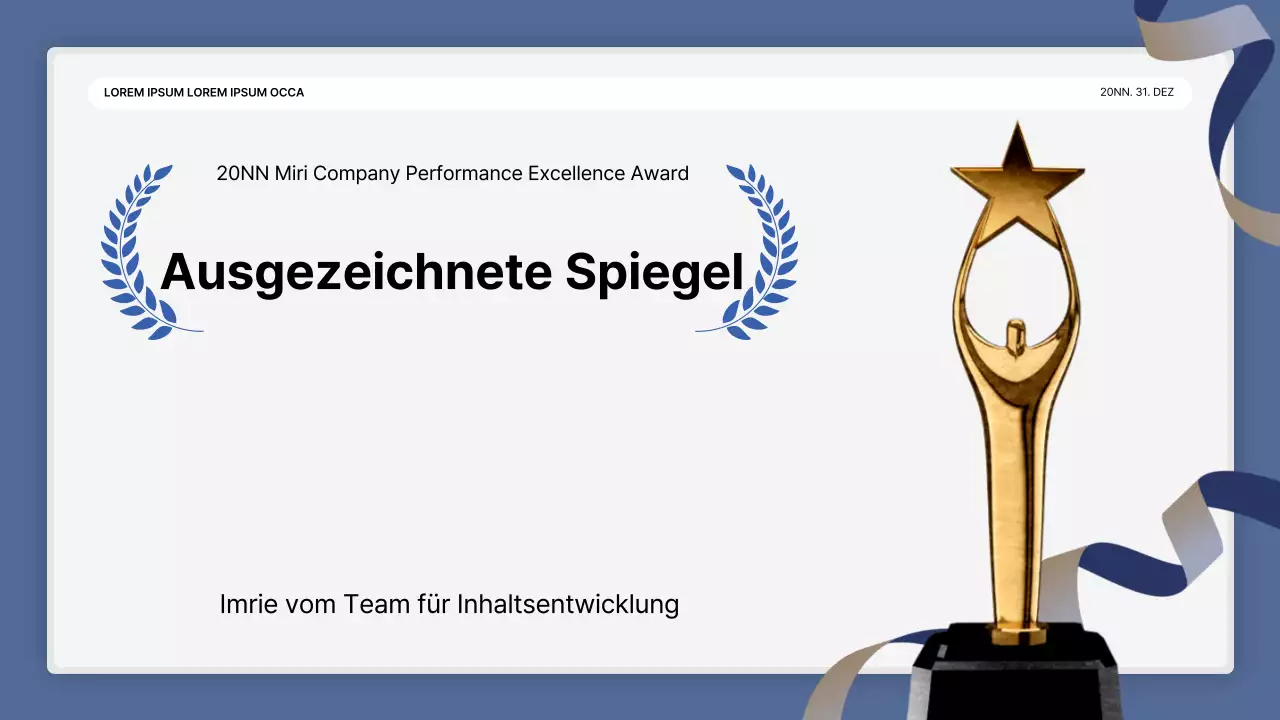 Eine einfache blau-weiße Leistungspräsentation und ein Veranstaltungsbericht zum Jahresende