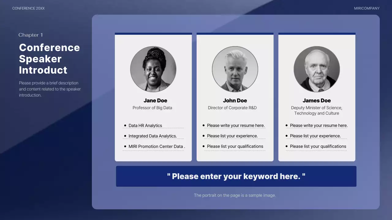 A modern conference presentation in navy blue