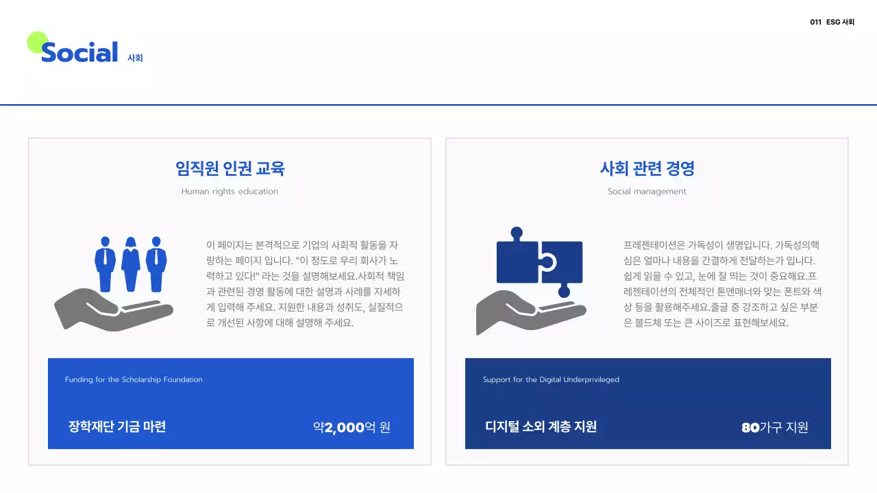 파랑과 연두의 미니멀한 기업 ESG 보고서