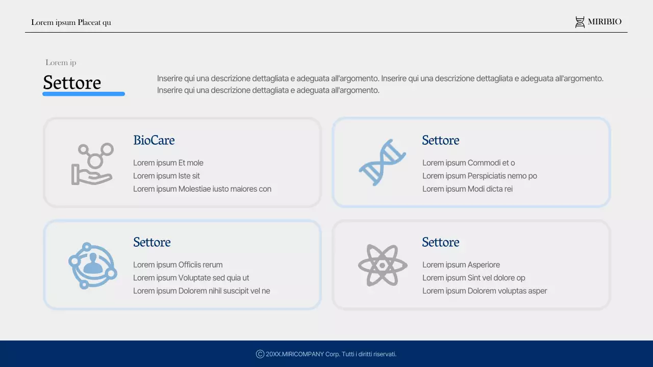 Profilo di un'azienda sanitaria e farmaceutica moderna in blu e azzurro