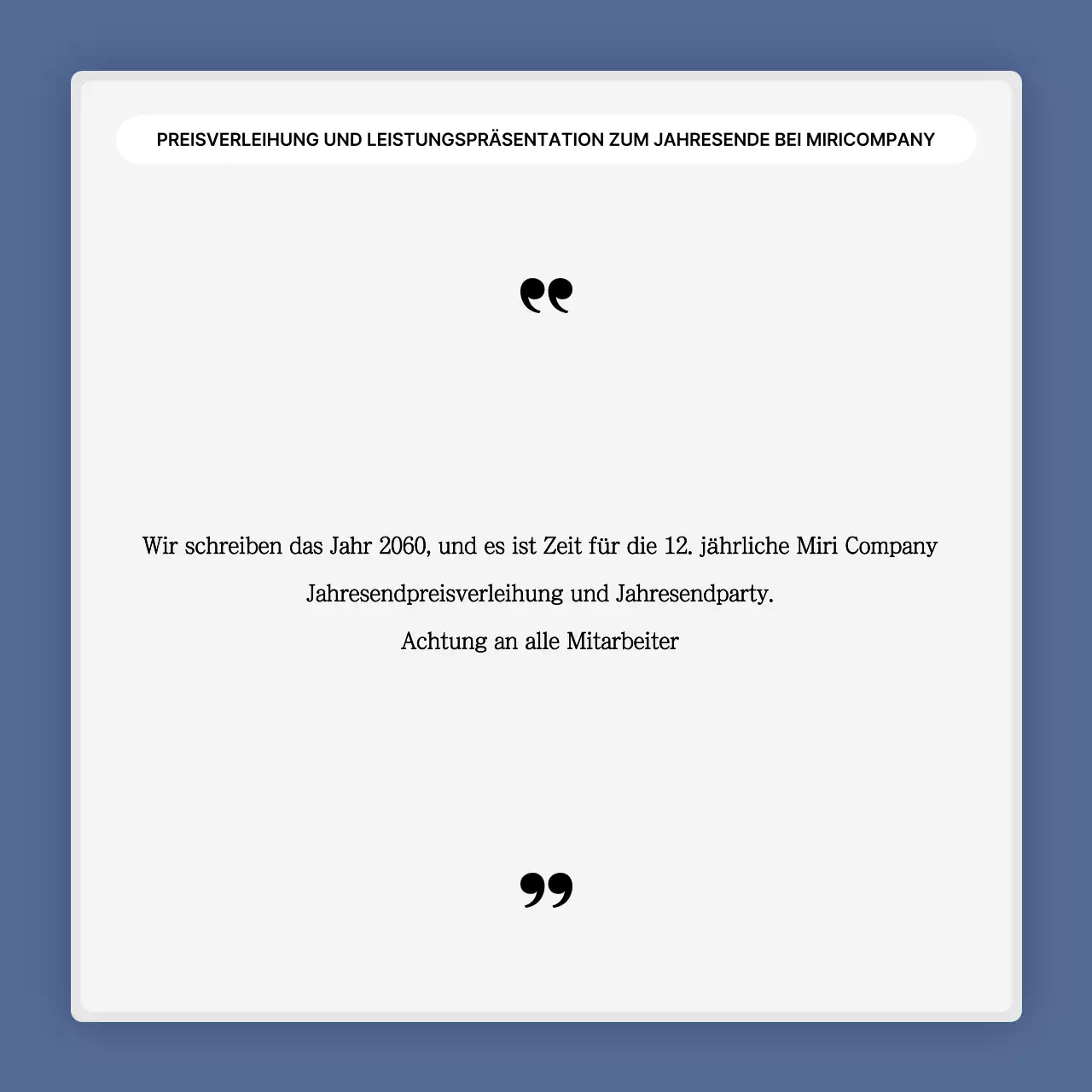 Eine einfache blau-weiße Leistungspräsentation und ein Veranstaltungsbericht zum Jahresende