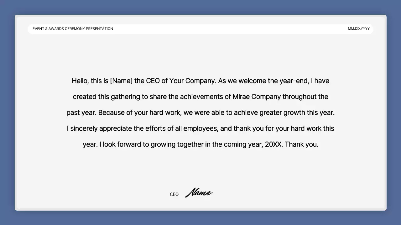 A simple blue-and-white performance presentation and end-of-year event report