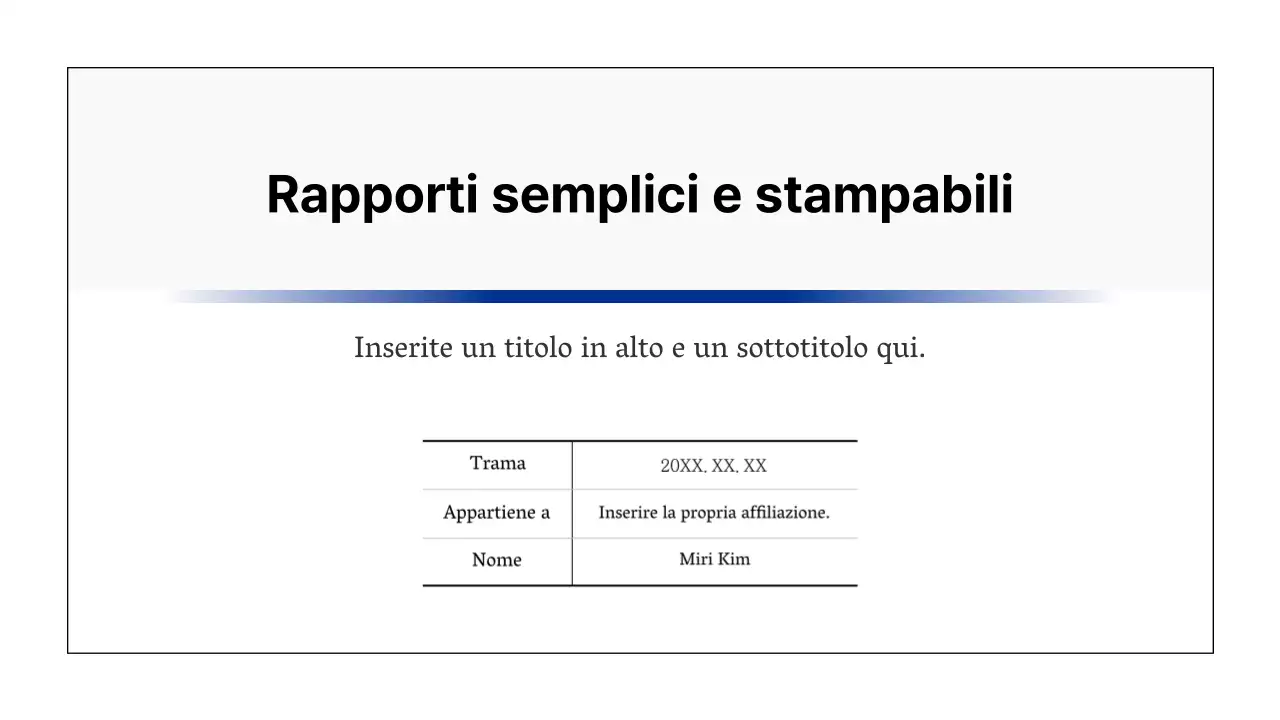 Semplice relazione stampabile in nero e blu navy