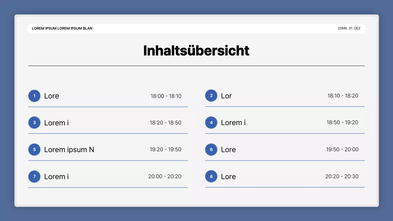 Eine einfache blau-weiße Leistungspräsentation und ein Veranstaltungsbericht zum Jahresende