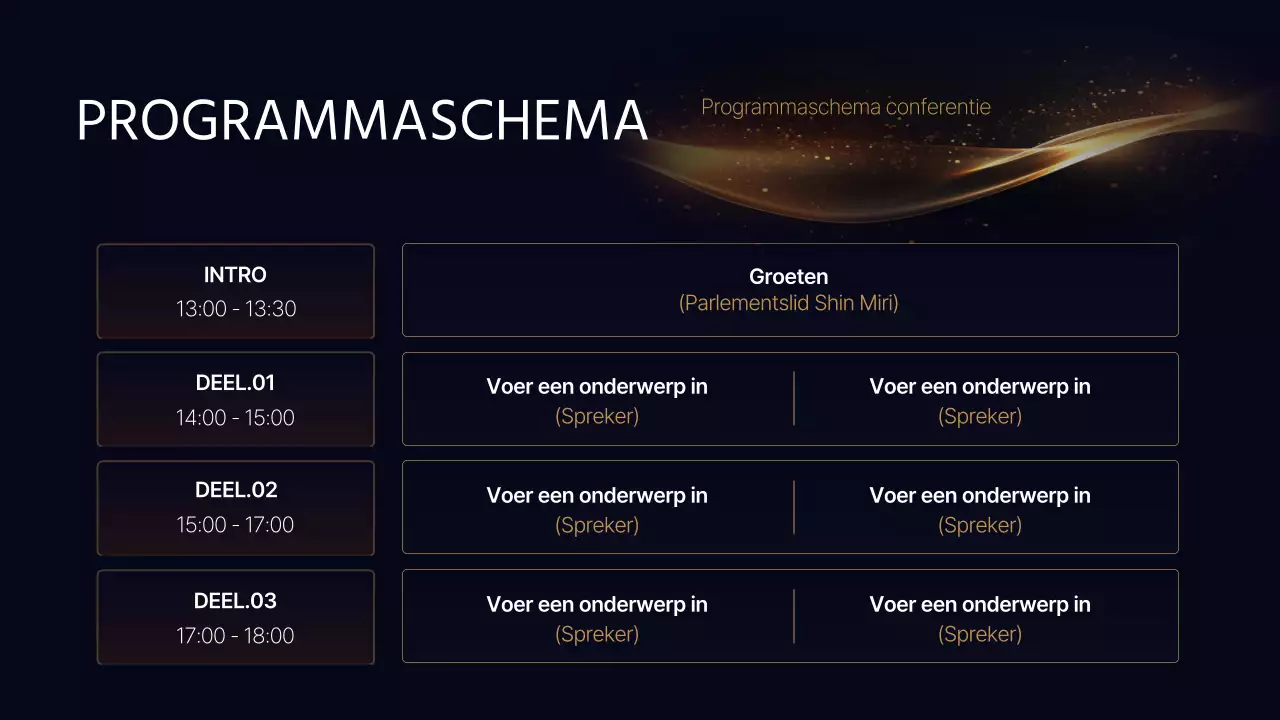 Een luxe conferentiepresentatie in marineblauw en goud