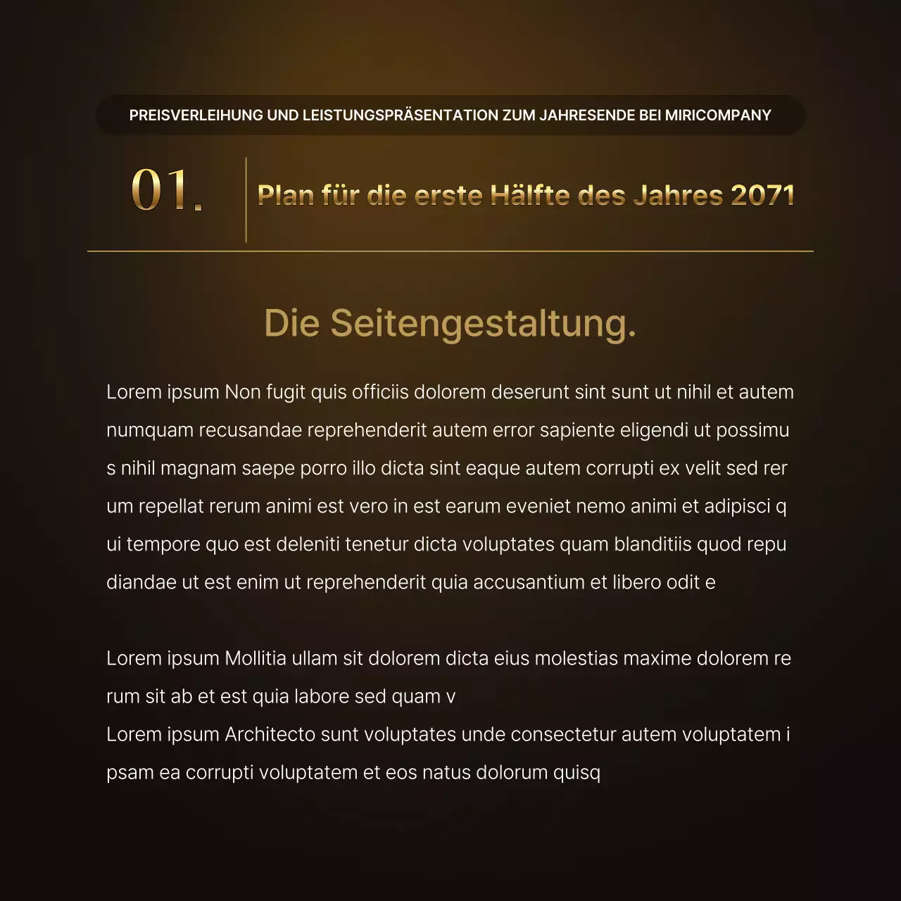 Präsentationen zu den Leistungen von Luxusgold und -braun und Berichte zu Jahresendveranstaltungen