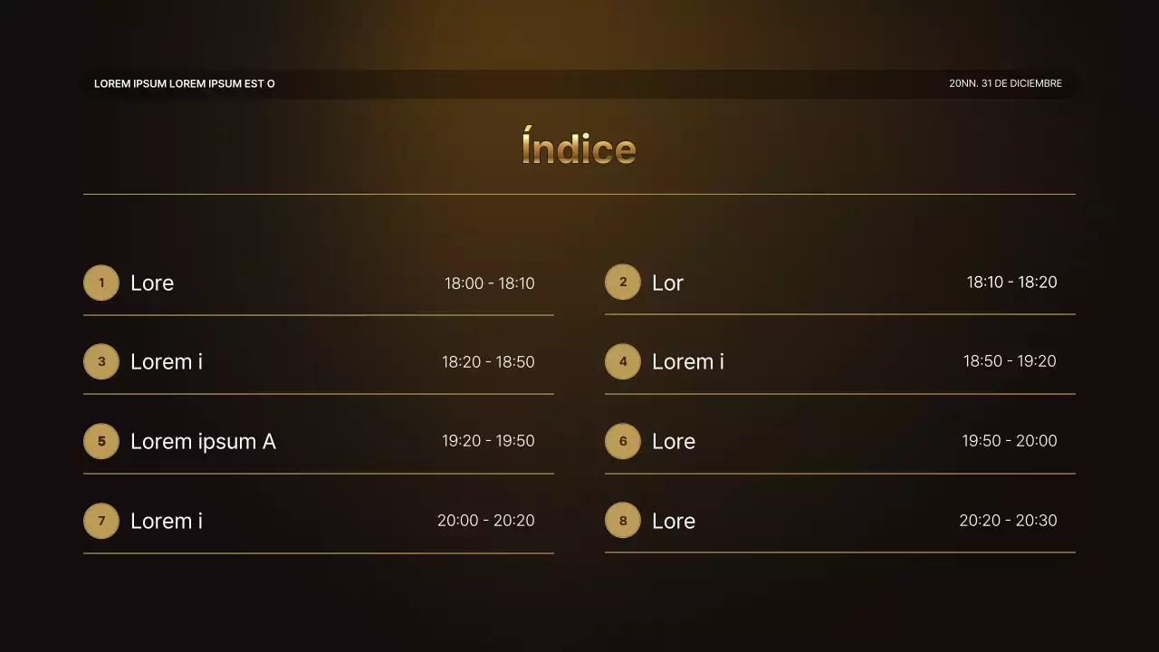 Una lujosa presentación de resultados en dorado y marrón y un informe del evento de fin de año