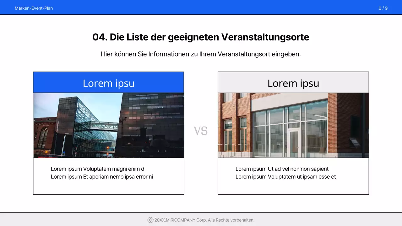 Ein einfacher, gebrandeter Veranstaltungsvorschlag in Blau und Weiß