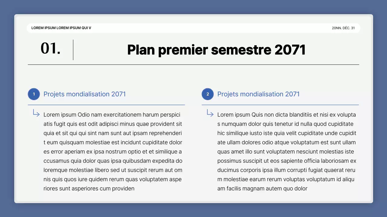 Une simple présentation de performance en bleu et blanc et un rapport sur l'événement de fin d'année