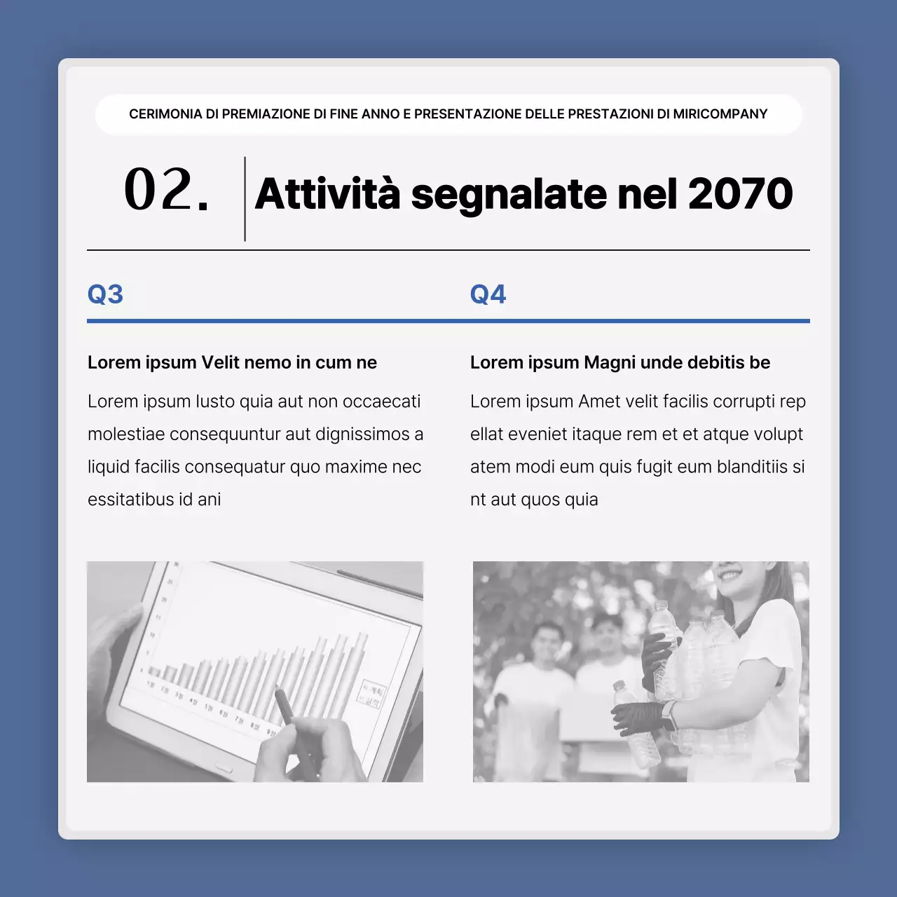 Una semplice presentazione delle prestazioni in bianco e blu e una relazione sull'evento di fine anno