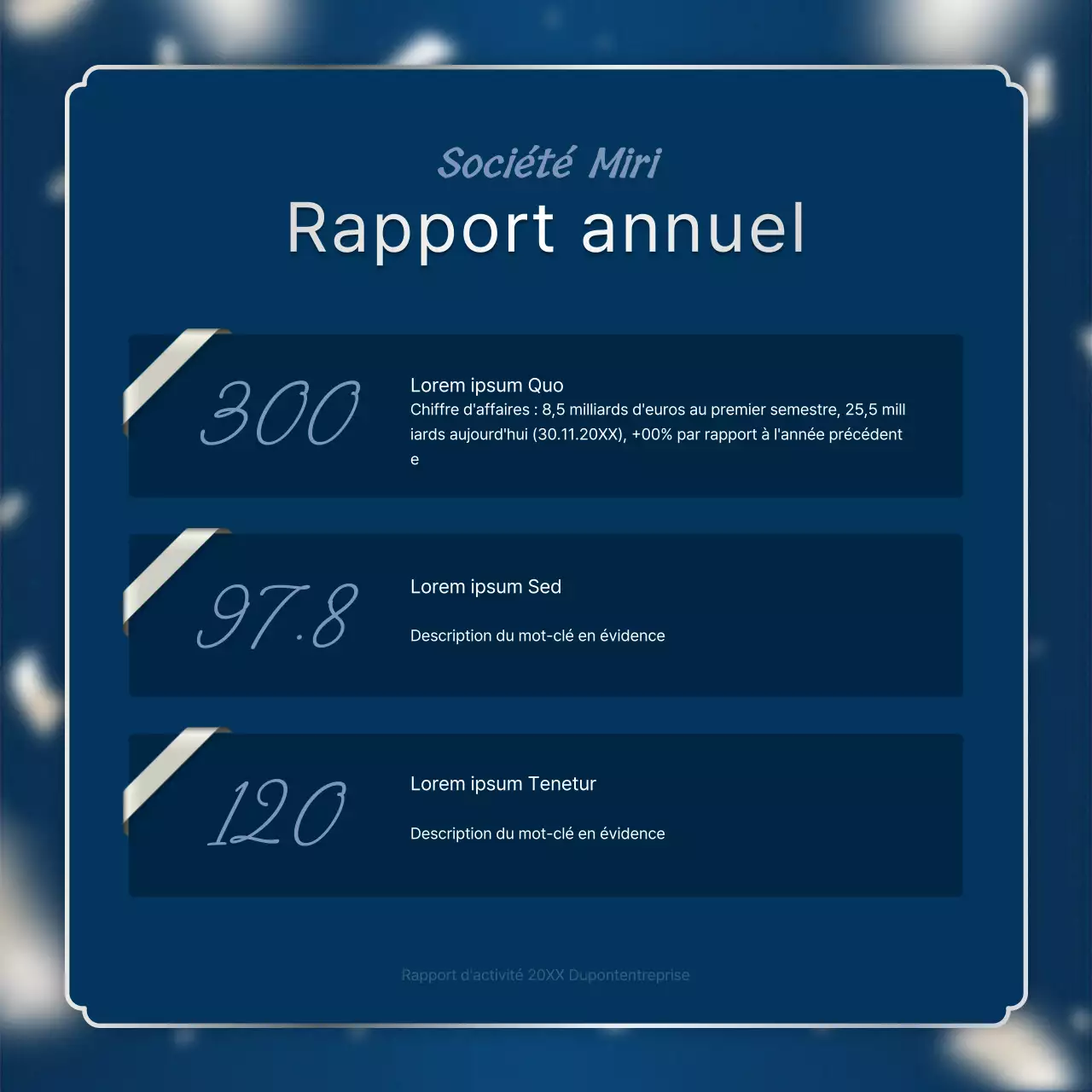 Un luxueux poste de rapport de performance de fin d'année en bleu marine et en argent