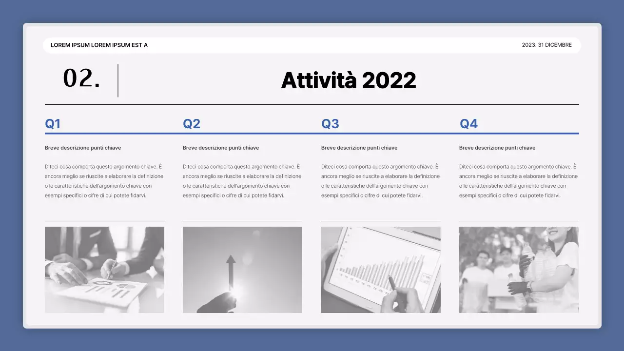 Una semplice presentazione della performance in bianco e blu e una relazione sull'evento di fine anno.