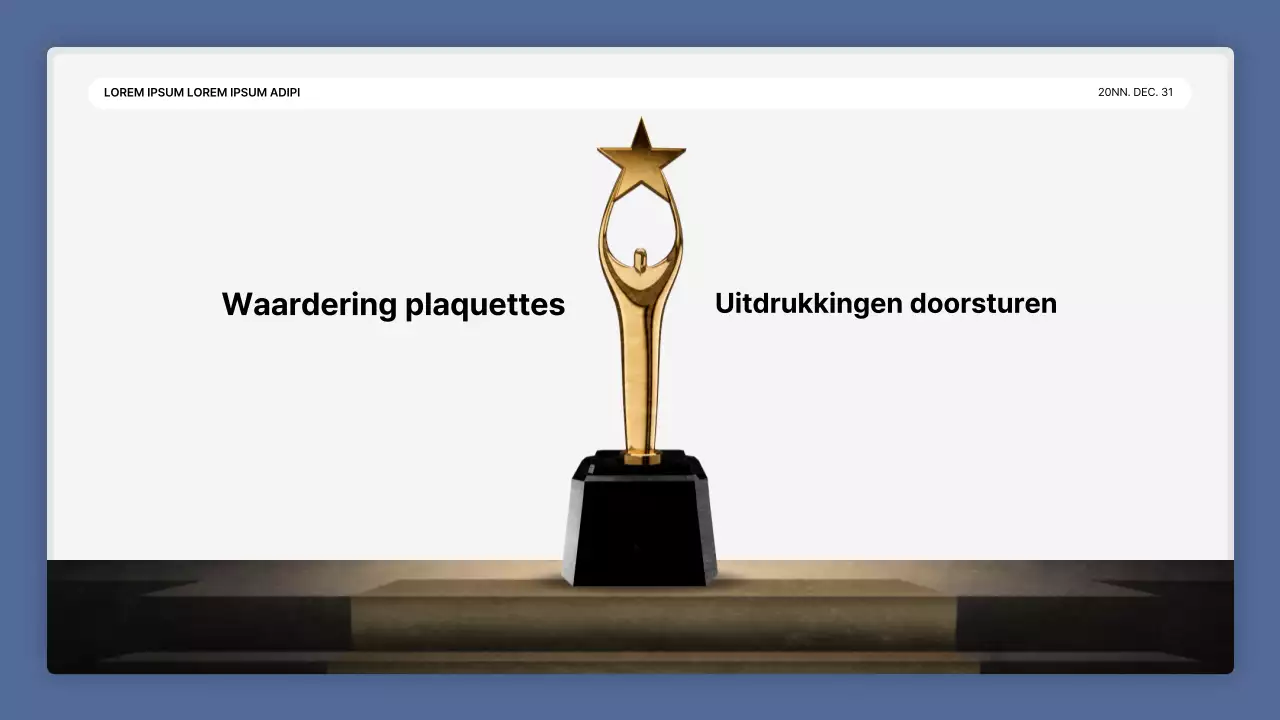 Een eenvoudige blauw-witte prestatiepresentatie en verslag van het eindejaarsevenement