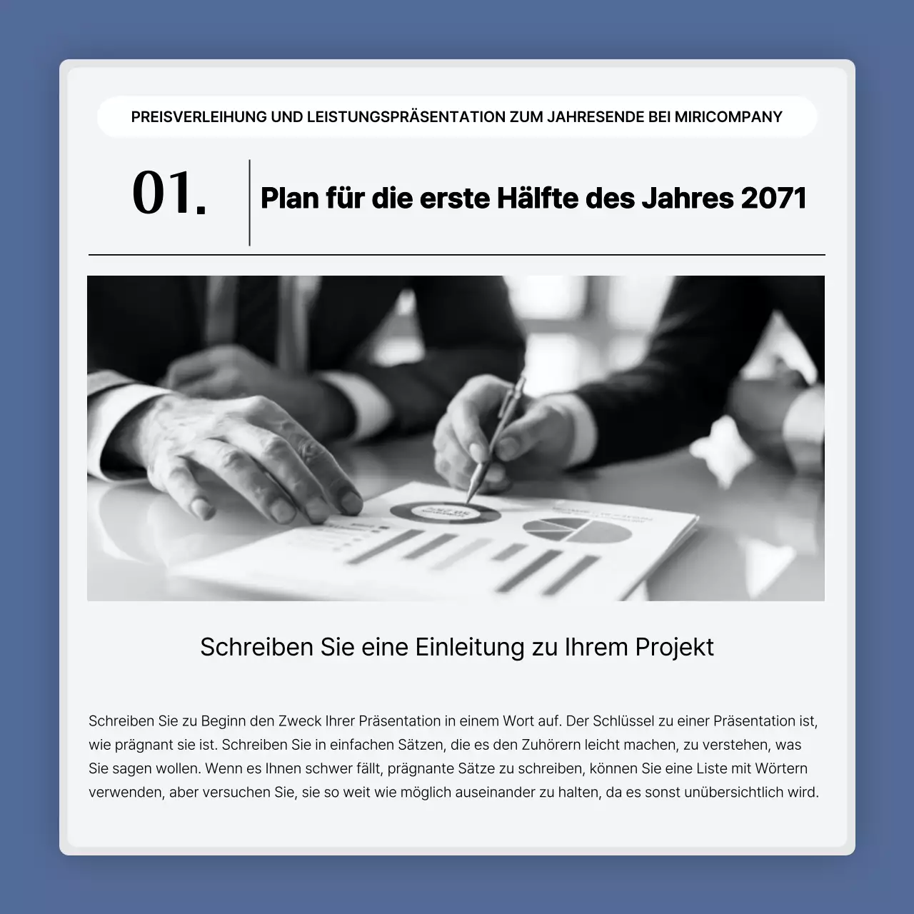 Eine einfache blau-weiße Leistungspräsentation und ein Veranstaltungsbericht zum Jahresende