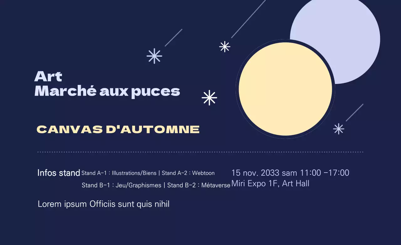 Promotion du marché aux puces avec des étoiles filantes et des formes circulaires