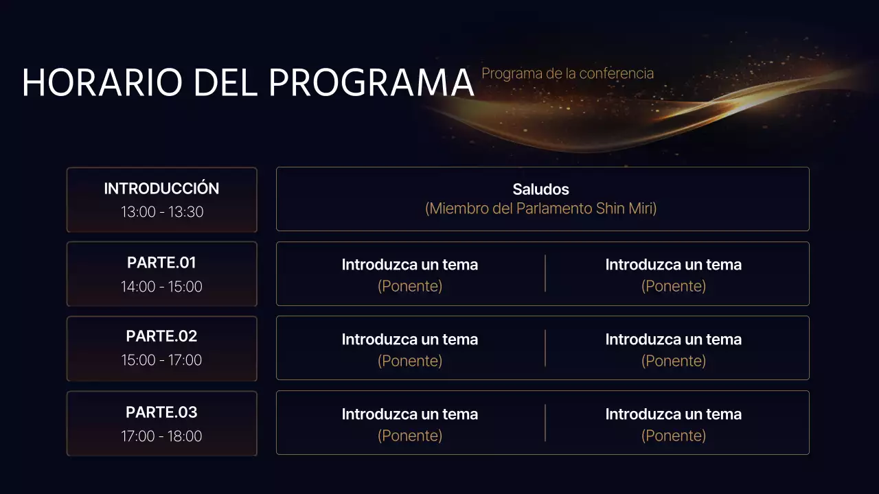 Una lujosa presentación de conferencia en azul marino y dorado