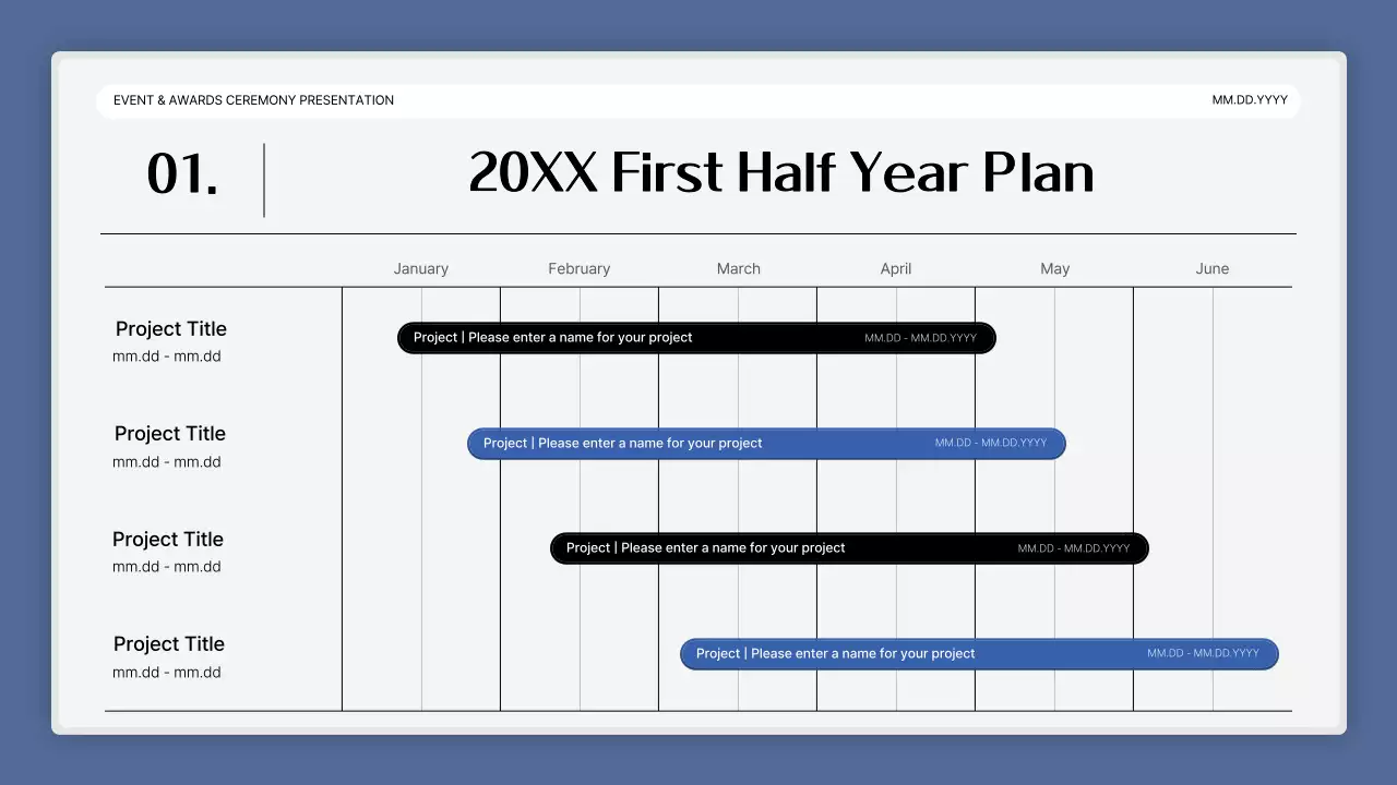 A simple blue-and-white performance presentation and end-of-year event report