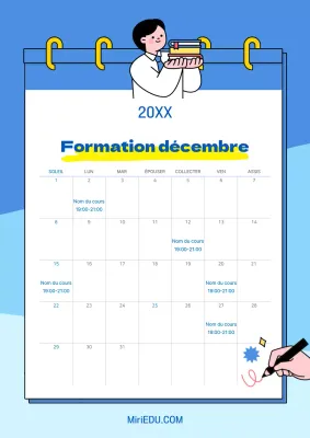 Un calendrier simple en bleu et bleu clair avec des informations sur les horaires.