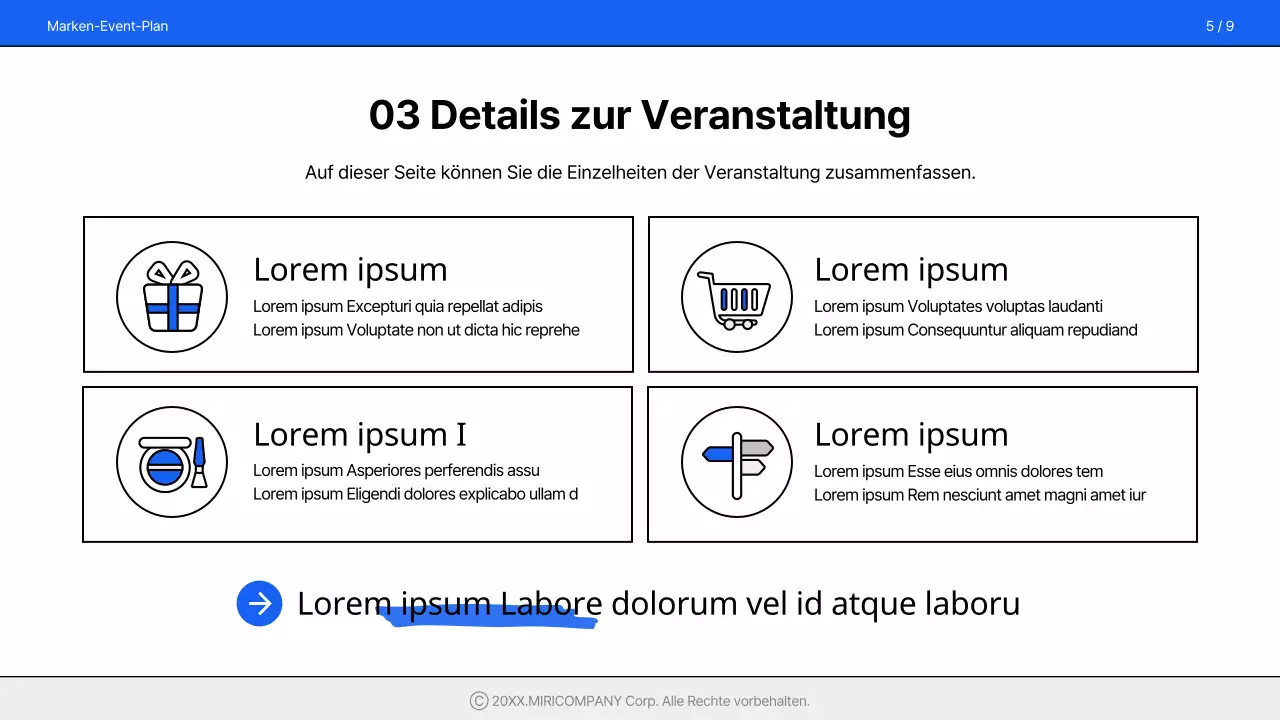 Ein einfacher, gebrandeter Veranstaltungsvorschlag in Blau und Weiß