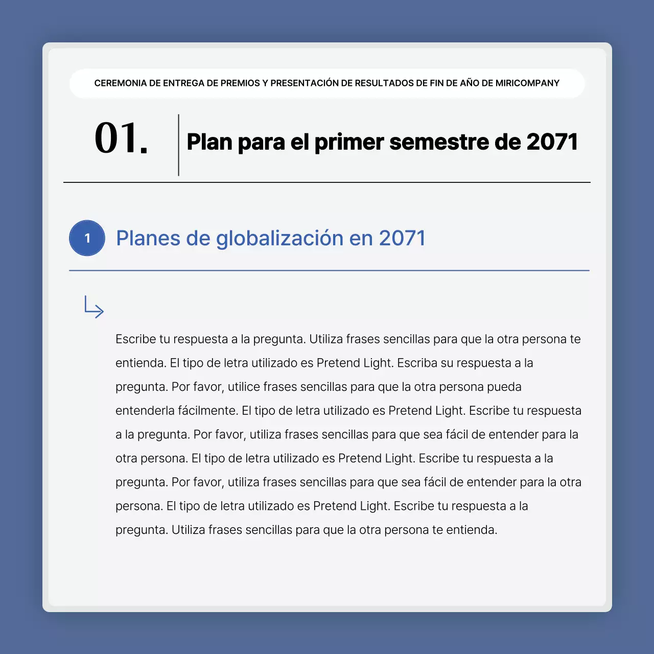 Una sencilla presentación en blanco y azul de los resultados y un informe de fin de año.