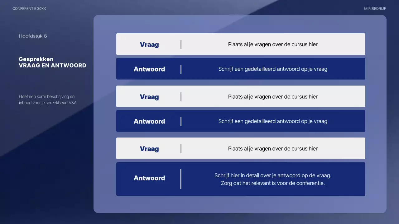 Een moderne conferentiepresentatie in marineblauw