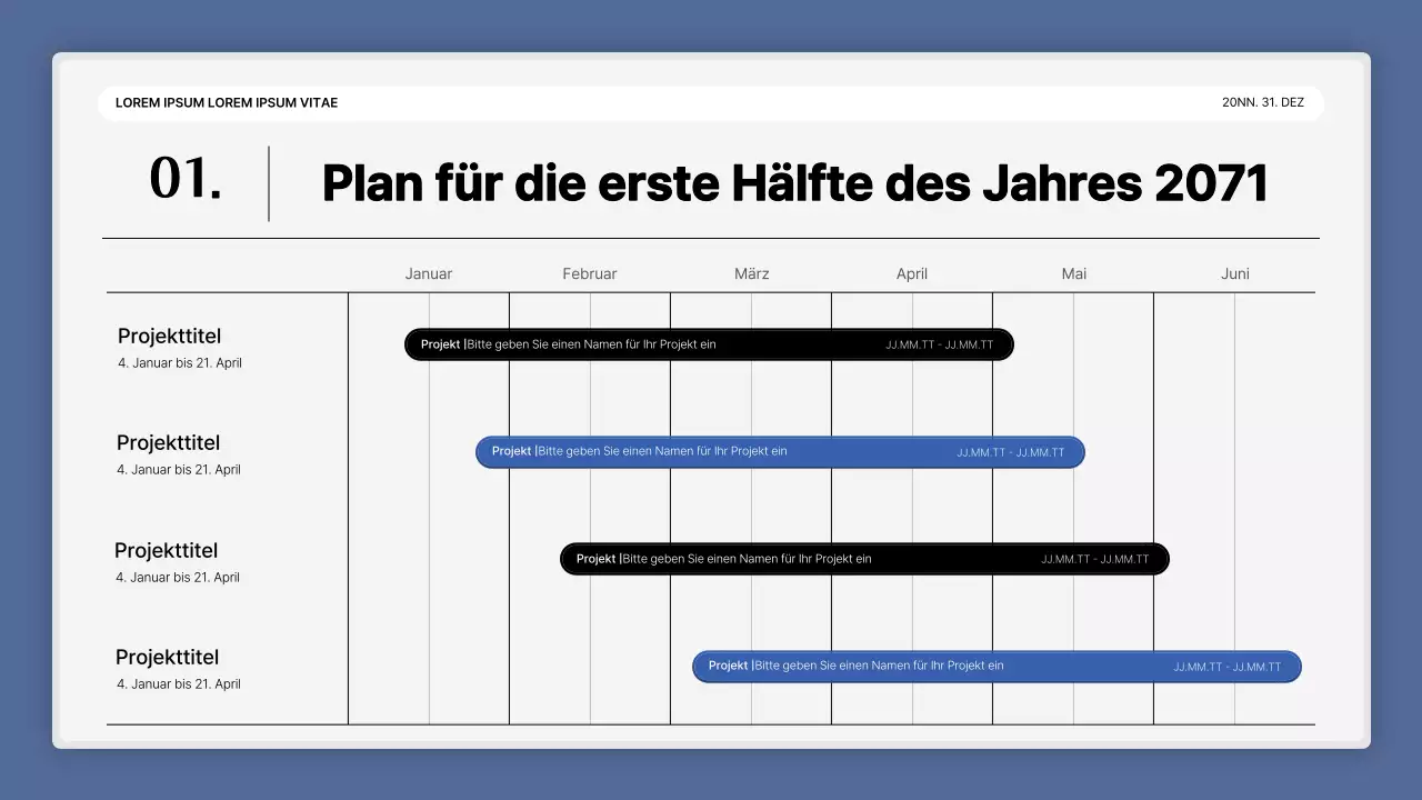 Eine einfache blau-weiße Leistungspräsentation und ein Veranstaltungsbericht zum Jahresende