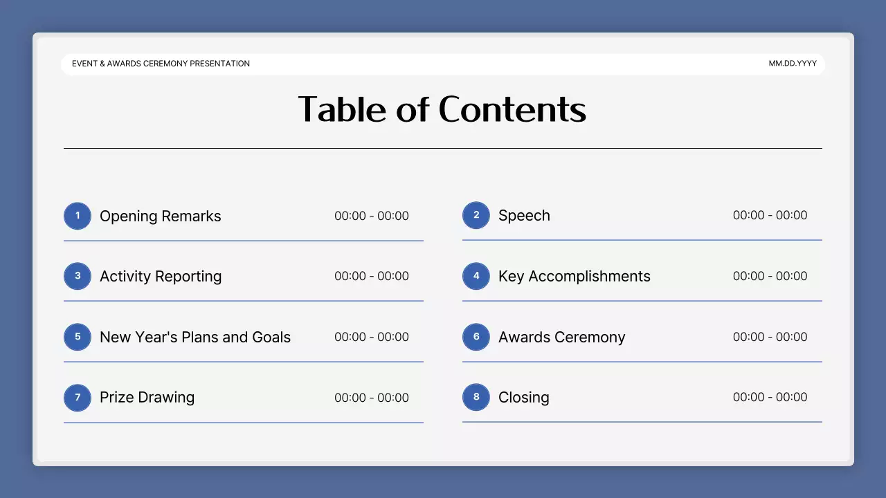 A simple blue-and-white performance presentation and end-of-year event report