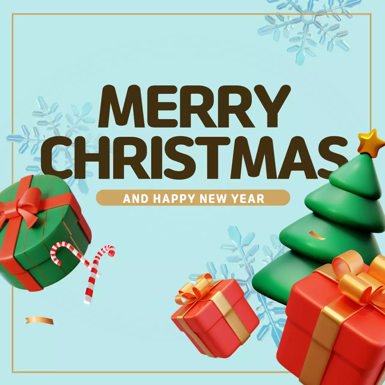 눈송이 배경의 3D 크리스마스 트리와 공중에 떠있는 선물 상자 Instagram 게시물