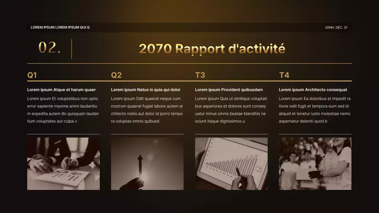 Une luxueuse présentation des performances en or et en brun et un rapport sur les événements de fin d'année