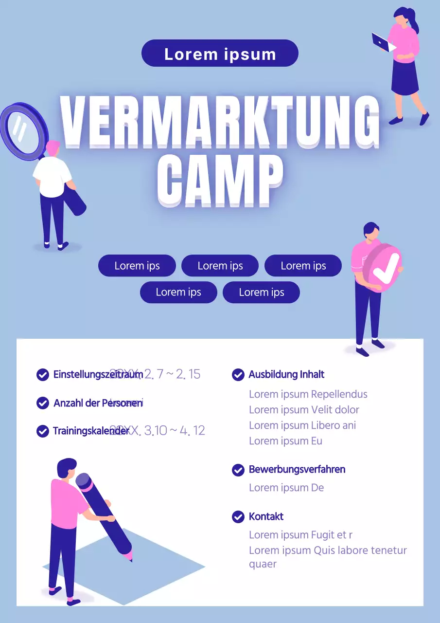 Ankündigung eines süßen Marketing-Camps in Blau und Rosa