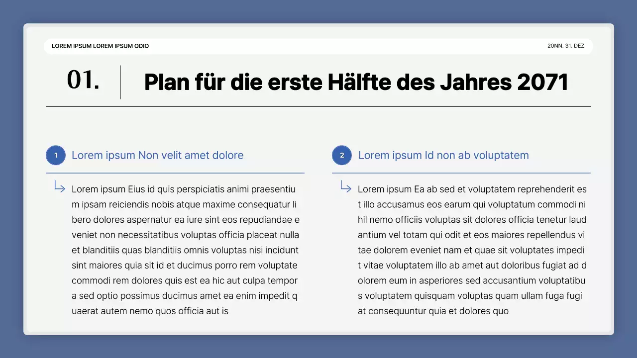 Eine einfache blau-weiße Leistungspräsentation und ein Veranstaltungsbericht zum Jahresende