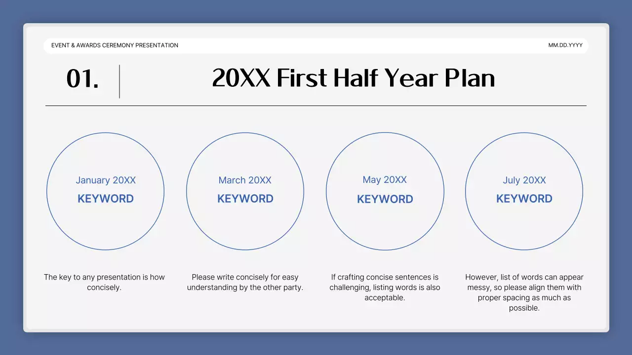 A simple blue-and-white performance presentation and end-of-year event report