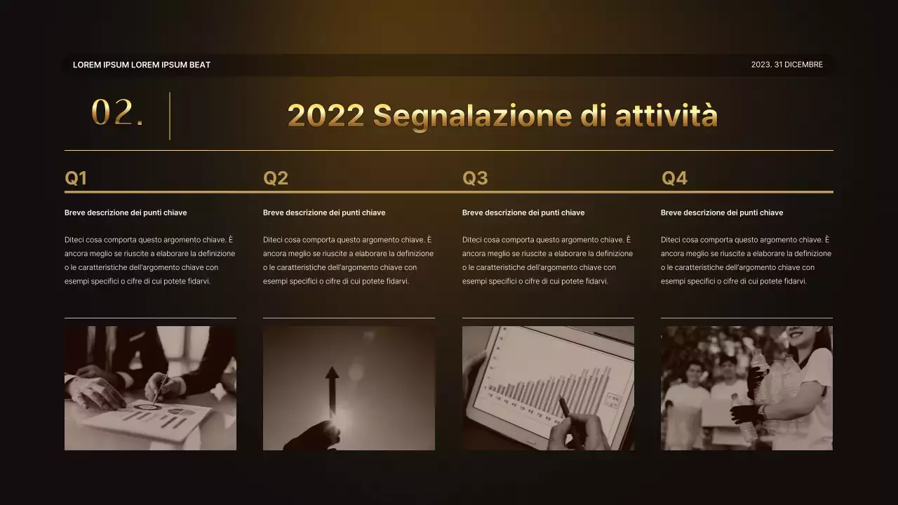 Una lussuosa presentazione delle prestazioni in oro e marrone e un resoconto dell'evento di fine anno