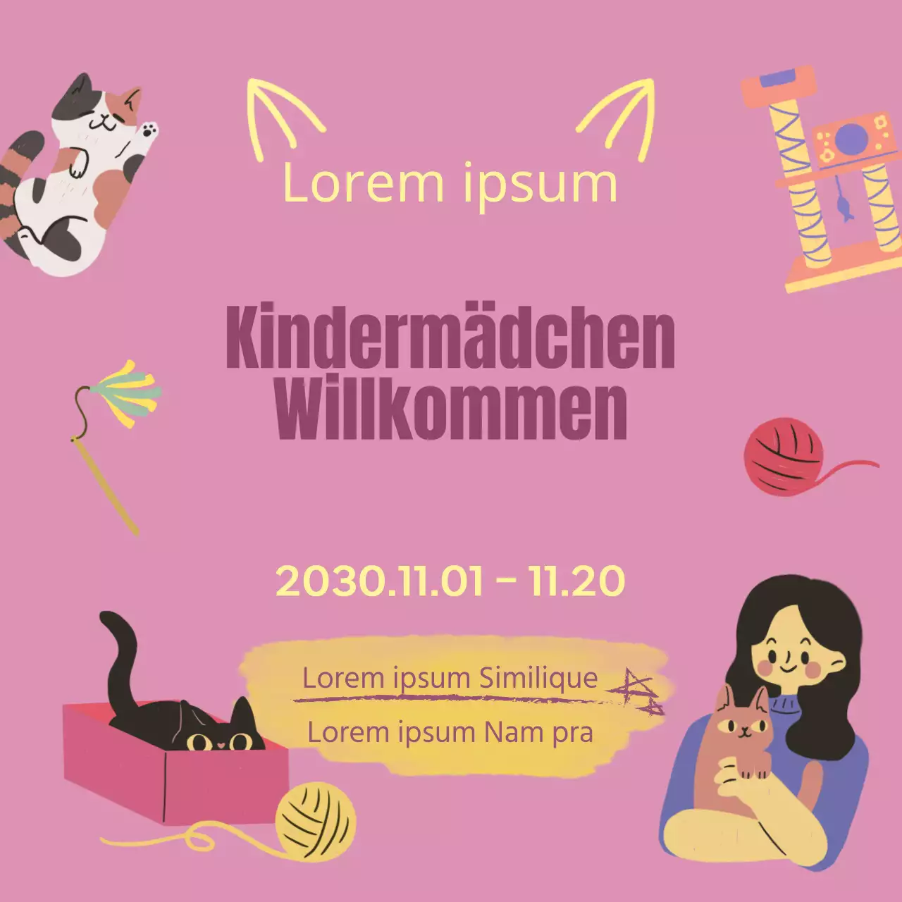 Förderung der Rekrutierung eines Teams von rosa und gelben Katzenstreu-Reviewern.