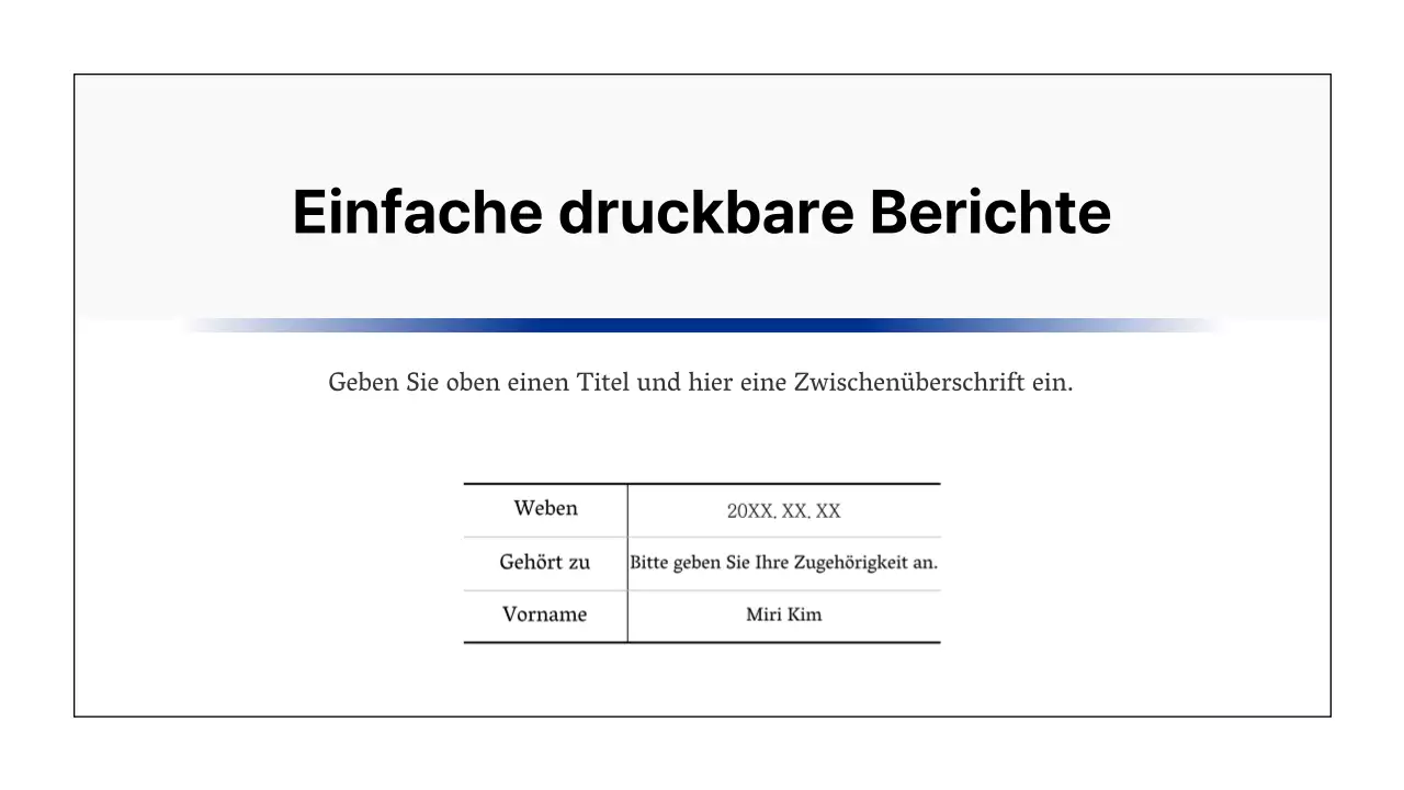 Einfacher druckbarer Bericht in Schwarz und Marineblau