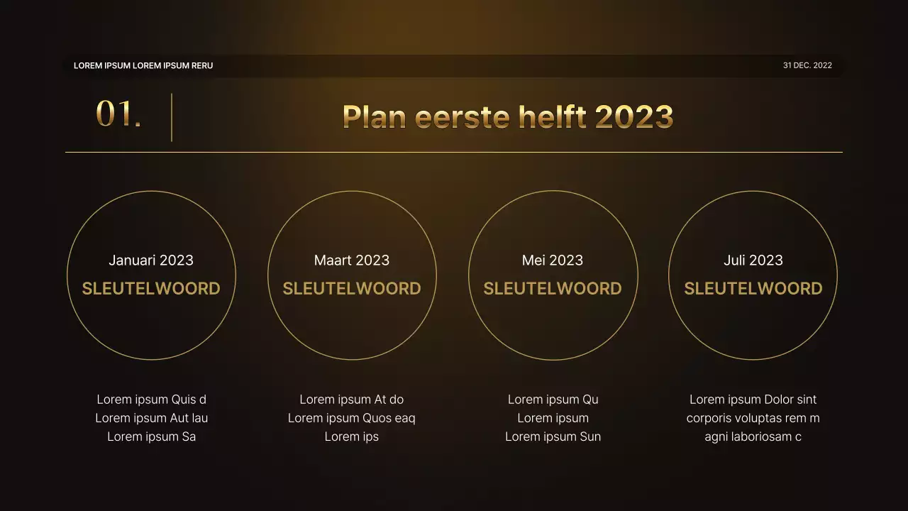 Een luxe gouden en bruine prestatiepresentatie en verslag van het eindejaarsevenement