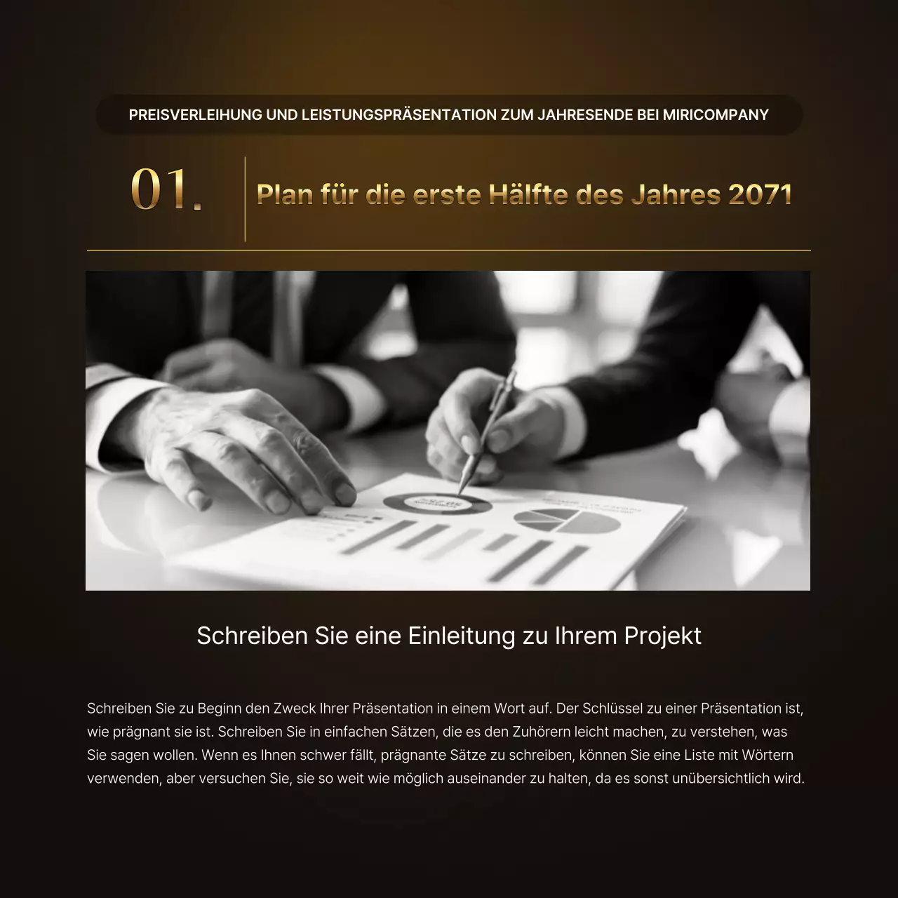 Präsentationen zu den Leistungen von Luxusgold und -braun und Berichte zu Jahresendveranstaltungen