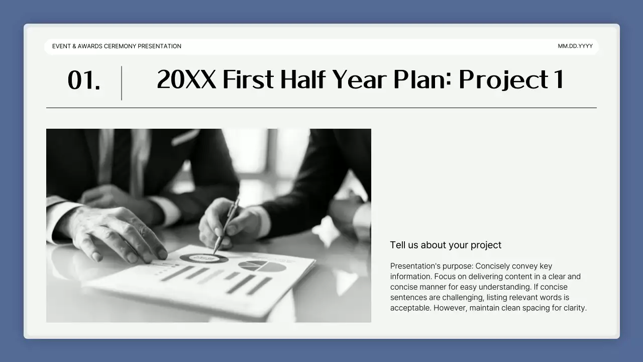 A simple blue-and-white performance presentation and end-of-year event report