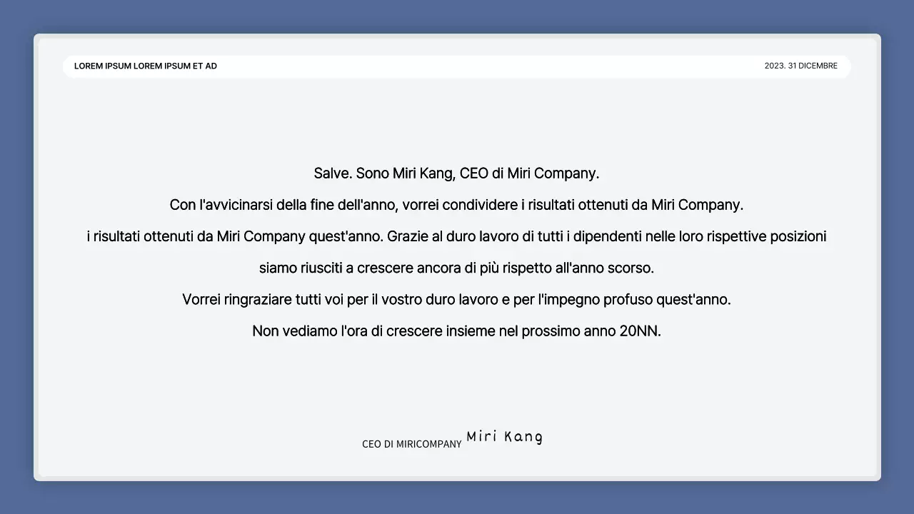 Una semplice presentazione della performance in bianco e blu e una relazione sull'evento di fine anno.