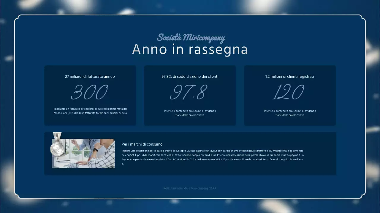 Un lussuoso rapporto sulle prestazioni di fine anno in blu navy e argento