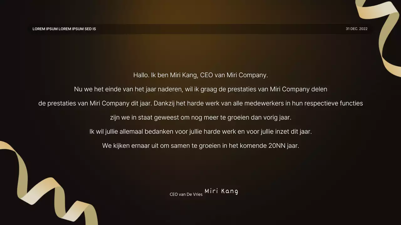 Een luxe gouden en bruine prestatiepresentatie en verslag van het eindejaarsevenement