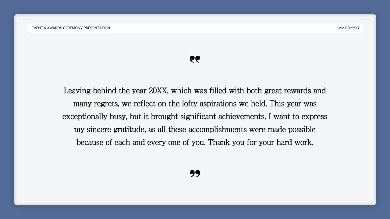 A simple blue-and-white performance presentation and end-of-year event report